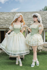 Green Square Collar Sleeveless Multi-Layered Ruffled Bow Lace Fishbone Sweet Lolita Jsk Dress 2 Versions - Product - 7
