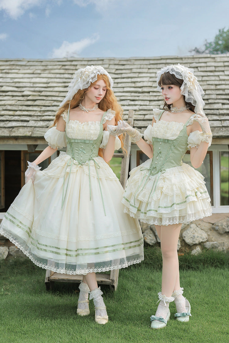 Green Square Collar Sleeveless Multi-Layered Ruffled Bow Lace Fishbone Sweet Lolita Jsk Dress 2 Versions - Product - 7