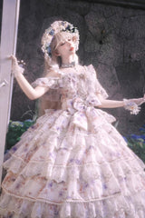 Blue [Rose Letter] Off Shoulder Triple-Layered Print Ruffle Hanayome Sweet Princess Lolita Dress - Product - 3