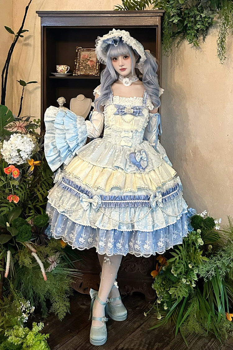 Blue [Falling Sakura] Multi-Layered Ruffled Hanayome Bow Lace Sweet Plus Size Princess Lolita Jsk Dress - Product - 2