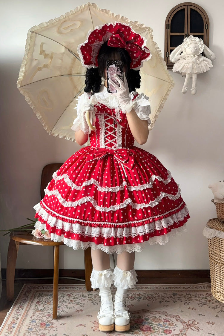 Red Polka Dots Print Ruffle Bowknot Lace-Up Sweet Lolita Dress - Product - 3