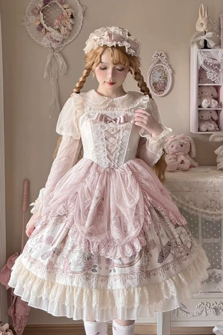 Apricot Sleeveless Rose Prologue Print Ruffle Bowknot Sweet Elegant Princess Lolita Jsk Dress - Apricot - 1