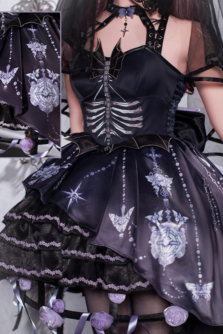 Black [Feast of Bones] Halterneck Multi-Layered Print Ruffle Lace Gothic Elegant Lolita Jsk Dress - Product - 2