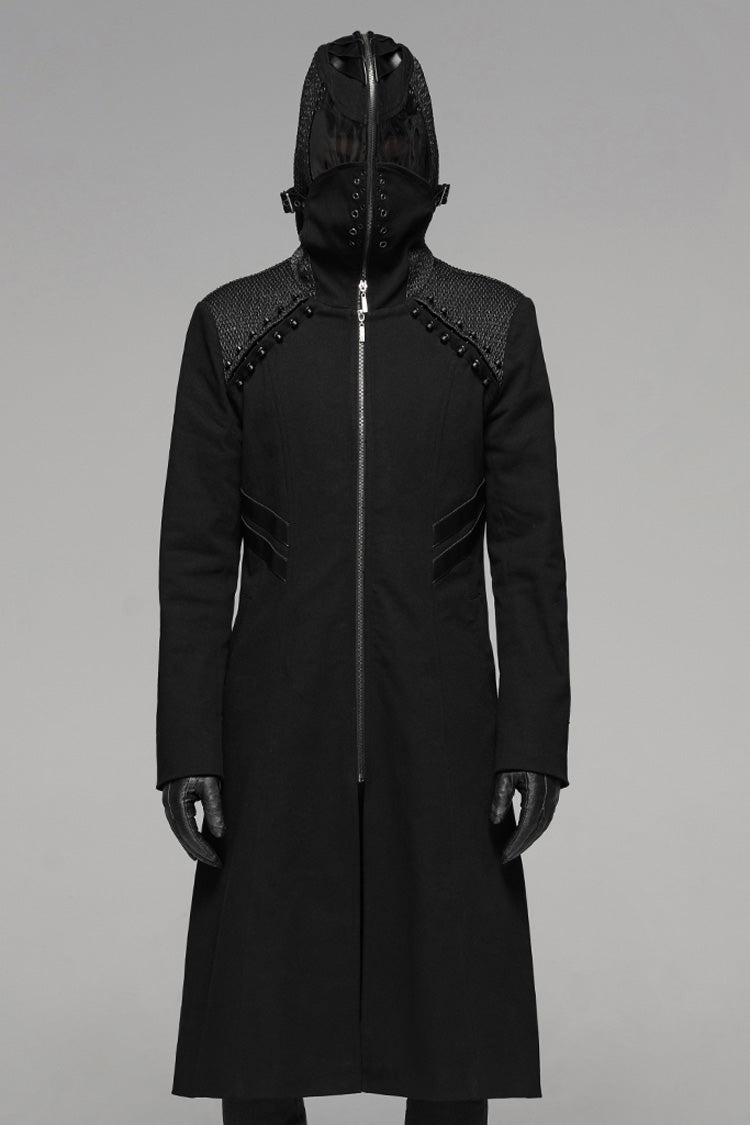 Black Long Sleeves Hooded Rivet Men's Punk Military Long Jacket - Black - 1
