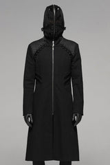 Black Long Sleeves Hooded Rivet Men's Punk Military Long Jacket - Black - 1