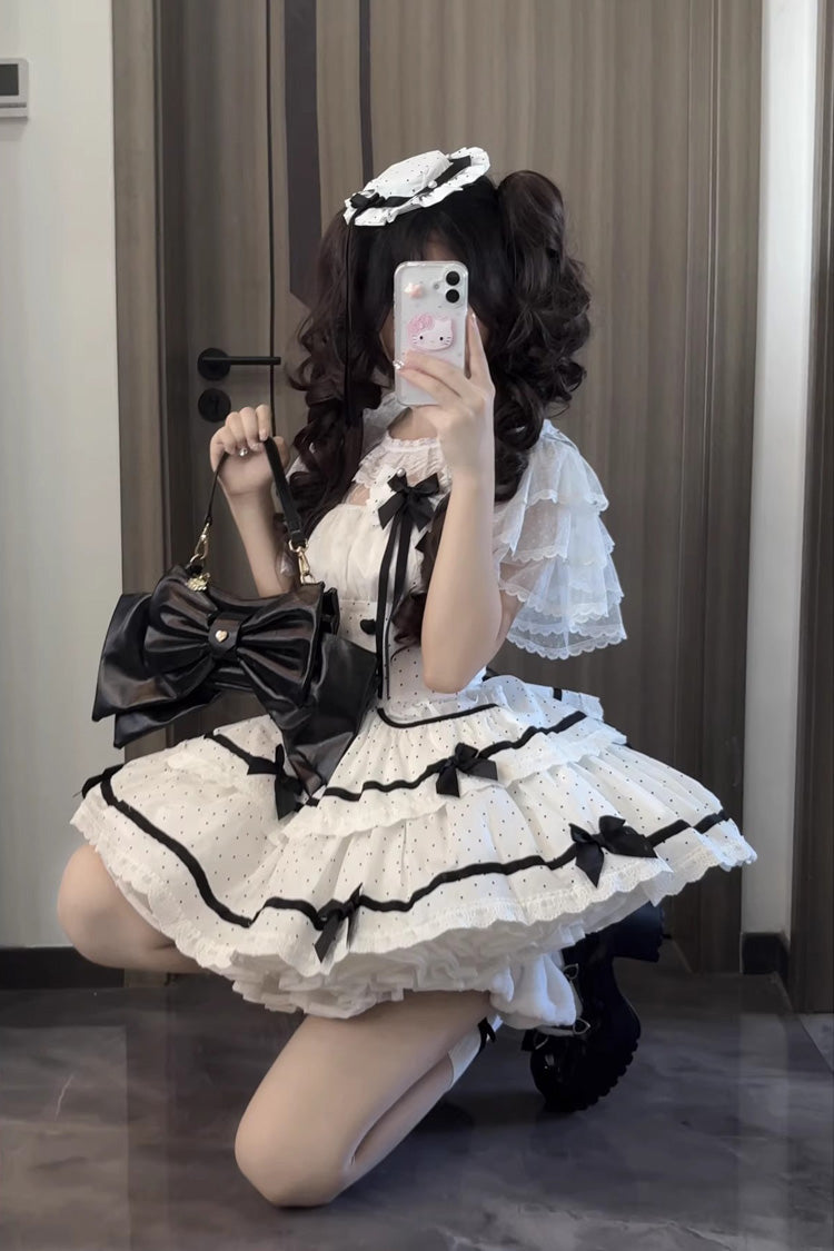 White Pure Cotton Sleeveless Double-Layered Polka Dot Print Ruffle Bowknot Daily Sweet Lolita Jsk Dress - Product - 5
