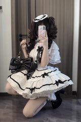 White Pure Cotton Sleeveless Double-Layered Polka Dot Print Ruffle Bowknot Daily Sweet Lolita Jsk Dress - Product - 5