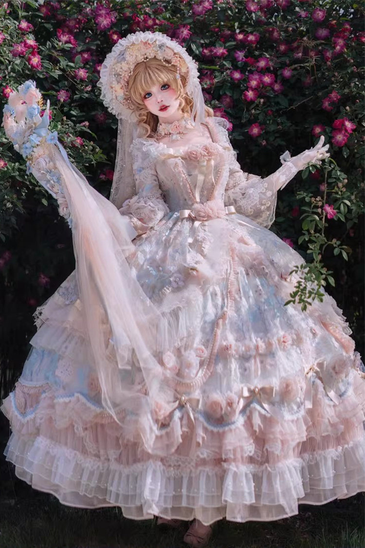 Blue/Pink [Rose Blossom Banquet] Multi-Layered Printed Ruffled Hanayome Bow Lace Sweet Plus Size Princess Gorgeous Lolita Dress - Blue/Pink - 1
