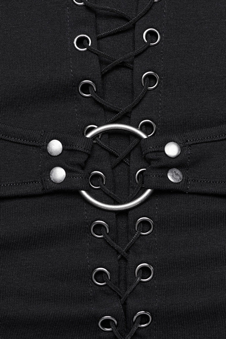 Black Long Sleeves Stitching Lace-Up Mesh Women's Punk Blouse - Product - 5