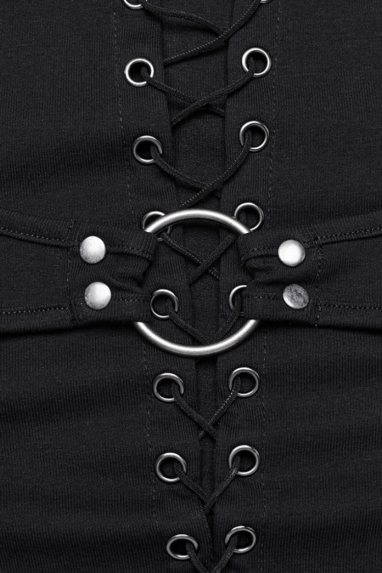 Black Long Sleeves Stitching Lace-Up Mesh Women's Punk Blouse - Product - 5