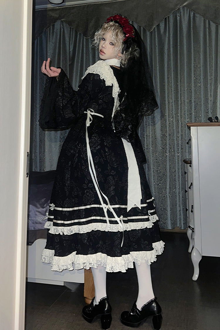 Black [Rose Choir] Double-Layered Ruffle Embroidery Bowknot Lace Gothic Elegant Nun Lolita Dress - Product - 7