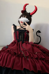 Red [Seven Deadly Sins - Wrath] Double-Layered Ruffle Stitching Lace Gothic Lolita Jsk Dress - Product - 4