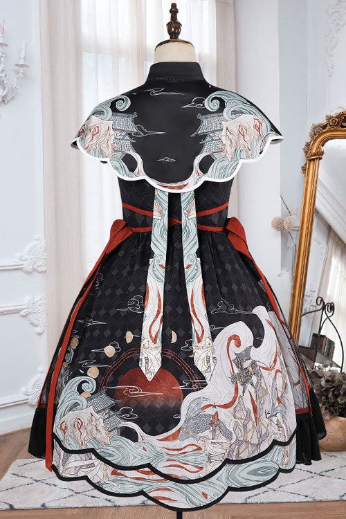 Black Chinese Style Chang'e Flying To The Moon Print Ruffled Classic Lolita OP Dress - Product - 8