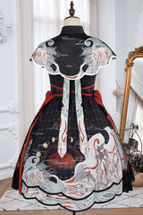 Black Chinese Style Chang'e Flying To The Moon Print Ruffled Classic Lolita OP Dress - Product - 8