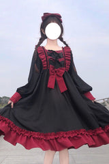 Long Sleeves Waist Bow Ruffled Sweet Lolita OP Dress - Red - 3