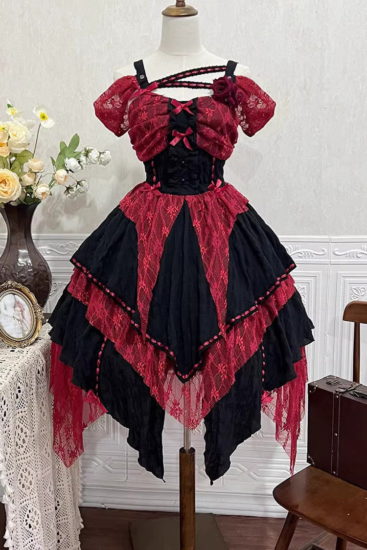 Red/Black Sleeveless High Waisted Print Irregular Gothic Lolita Jsk Dress - Product - 3