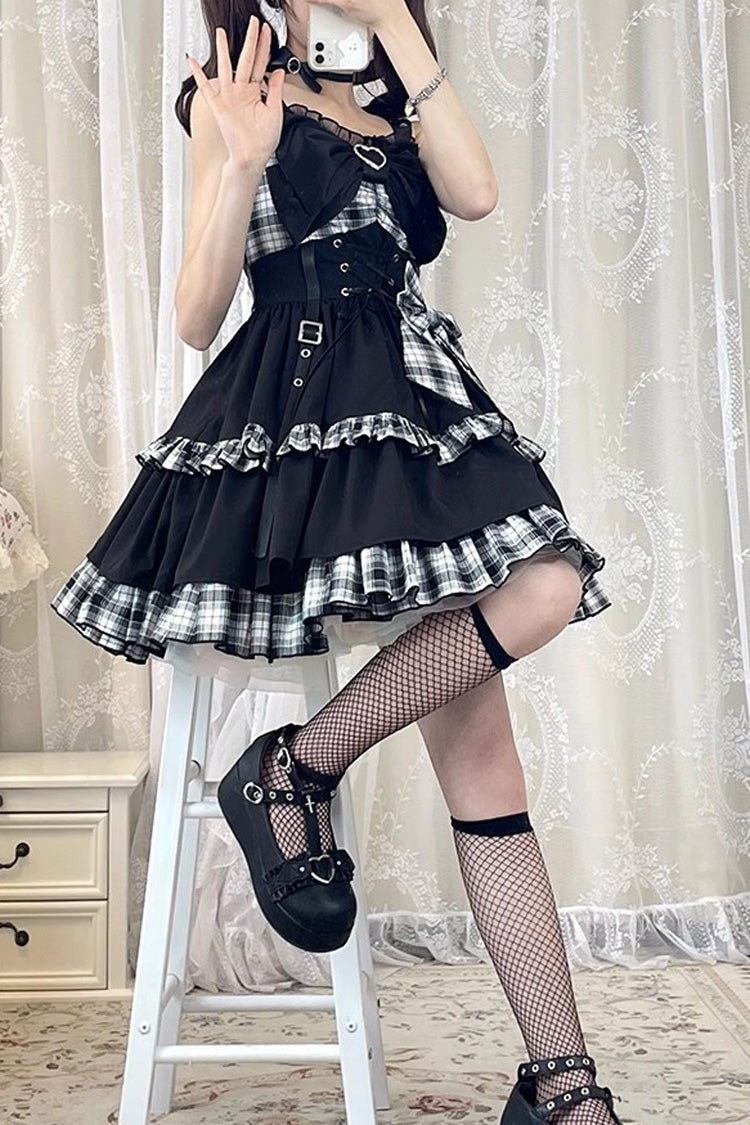 Black/White Plaid Print Color Contrast Leather Buckle Bowknot Ruffle Gothic Lolita JSK Dress - Product - 8