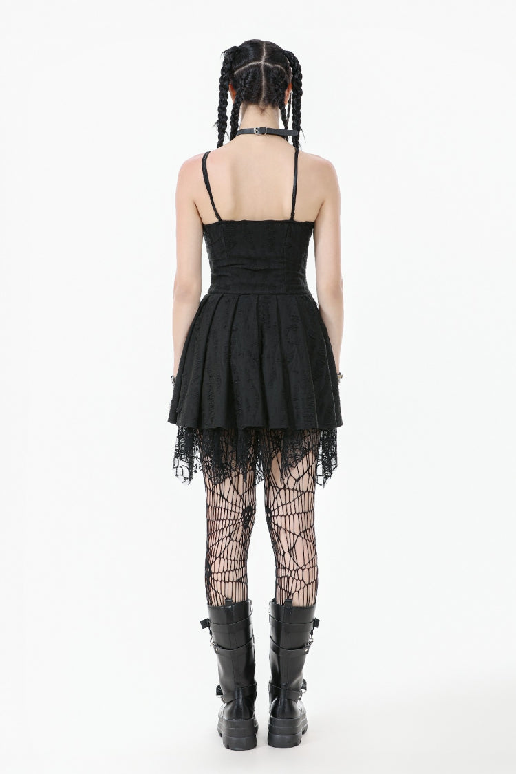 Black Sleeveless Lace Lace-Up Pleated Women's Gothic Dark Demon Slip Dress - Product - 4