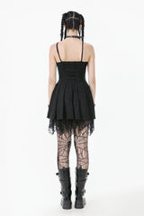 Black Sleeveless Lace Lace-Up Pleated Women's Gothic Dark Demon Slip Dress - Product - 4