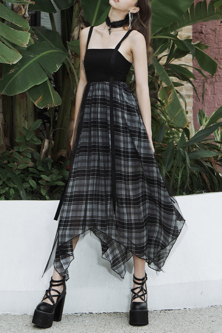 Black Metal Eyelets Shoulder Strap Irregular Hem Plaid Long Chiffon Women's Punk Slip Dress - Black - 1