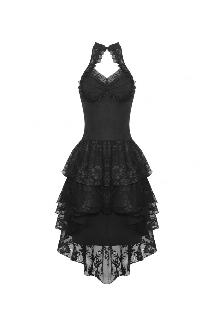 Black Off Shoulder Halterneck Sleeveless Irregular High Low Multi-Layered Lace Women's Gothic Dress - Product - 3