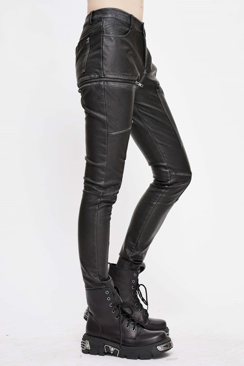 Black Punk Biker Block Shaped Patchwork Hand Rubbed Leather Womens Pants - Product - 3