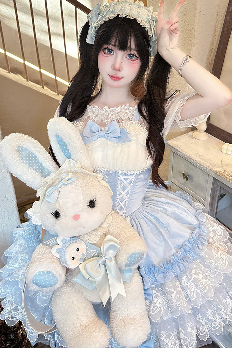 Blue [Dance of Time] Sleeveless Triple-Layered Ruffle Bowknot Lace Lace-Up Sweet Ballet Lolita Jsk Dress - Product - 7