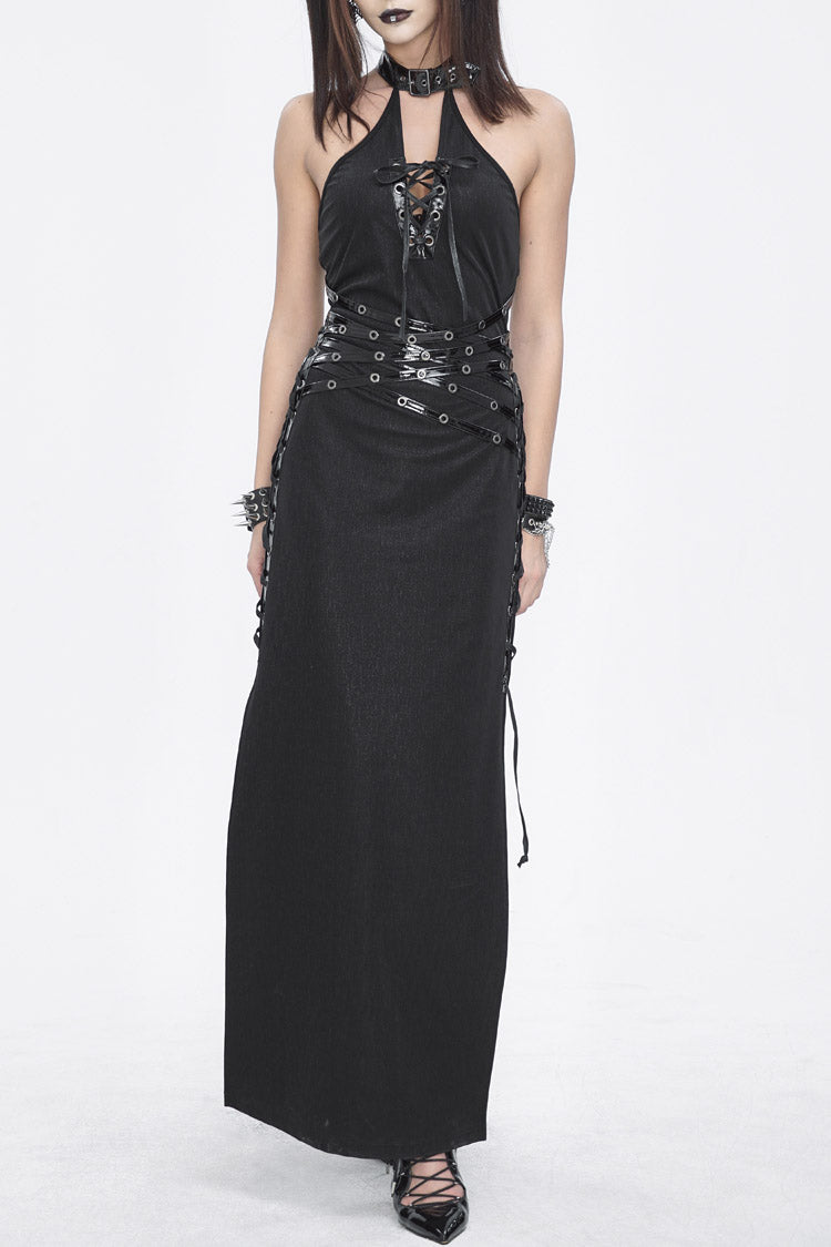 Black Halterneck Slim Women's Gothic Strapless Dress - Black - 1