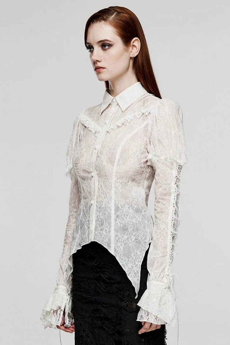 Women's Lapel Collar Long Sleeves Print Stitching Lace Gothic Blouse 2 Colors - Product - 11