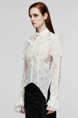 Women's Lapel Collar Long Sleeves Print Stitching Lace Gothic Blouse 2 Colors - Product - 11