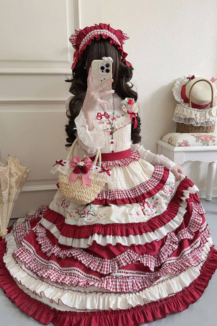 Red [Strawberry Basket] Square Collar Multi-Layered Printed Ruffled Embroidered Bow Sweet Lolita Jsk Dress - Product - 6
