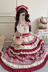Red [Strawberry Basket] Square Collar Multi-Layered Printed Ruffled Embroidered Bow Sweet Lolita Jsk Dress - Product - 6