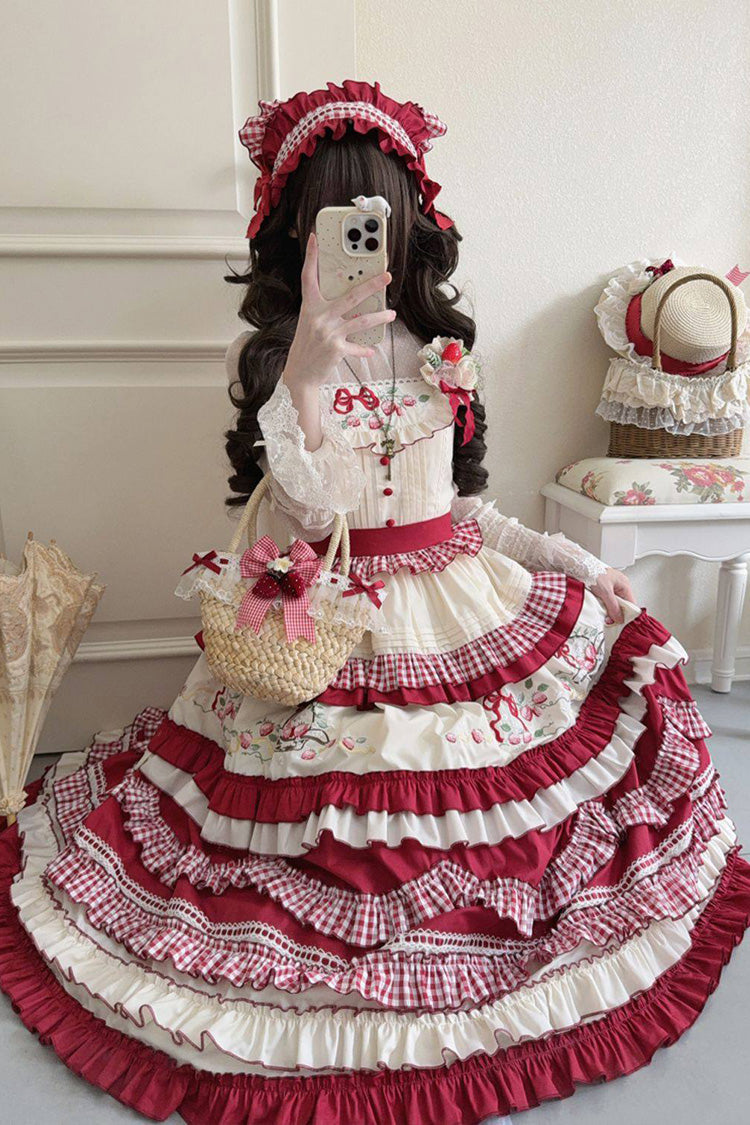 Red [Strawberry Basket] Square Collar Multi-Layered Printed Ruffled Embroidered Bow Sweet Lolita Jsk Dress - Product - 6
