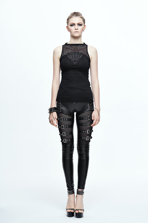 Black Leather Embroidered Gear Cotton Womens Punk T-Shirt - Product - 6