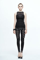 Black Leather Embroidered Gear Cotton Womens Punk T-Shirt - Product - 6