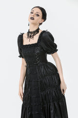 Black Lace Square Collar Short Puff Sleeves Lace-Up Ruched Women's Gothic Wedding Dress - Product - 2