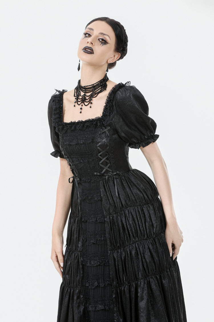 Black Lace Square Collar Short Puff Sleeves Lace-Up Ruched Women's Gothic Wedding Dress - Product - 2