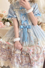 Blue [Angel Lamb] Lapel Collar Short Sleeves Printed Ruffled Bow Sweet Lolita Dress - Product - 6