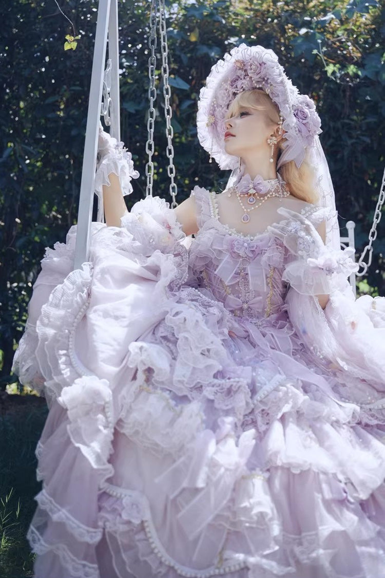 Purple [The Runaway Princess] Sleeveless Multi-Layered Printed Hanayome Bow Lace Pearl-Decorated Sweet Plus Size Gorgeous Lolita Jsk Dress - Product - 2