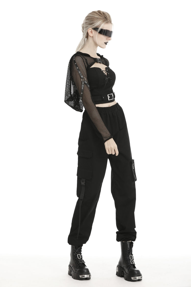 Black Long Sleeves Fishnet Mesh Women's Gothic Punk Hooded Cape - Product - 7