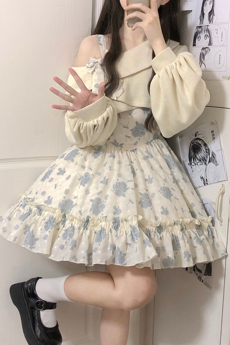 Blue Oblique Shoulder Print Ruffle Bowknot Lace Sweet Lolita Jsk Dress Set - Product - 9