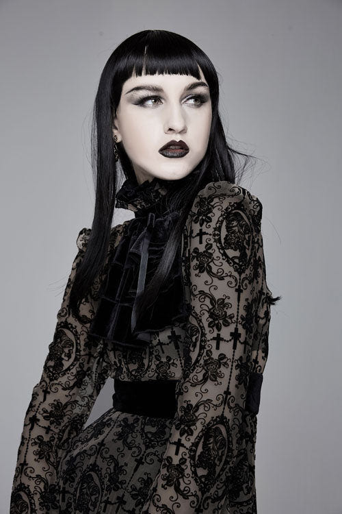 Black Floral Flocking Printed Long Sleeves Velvet With Tie Womens Gothic Dress - Product - 8
