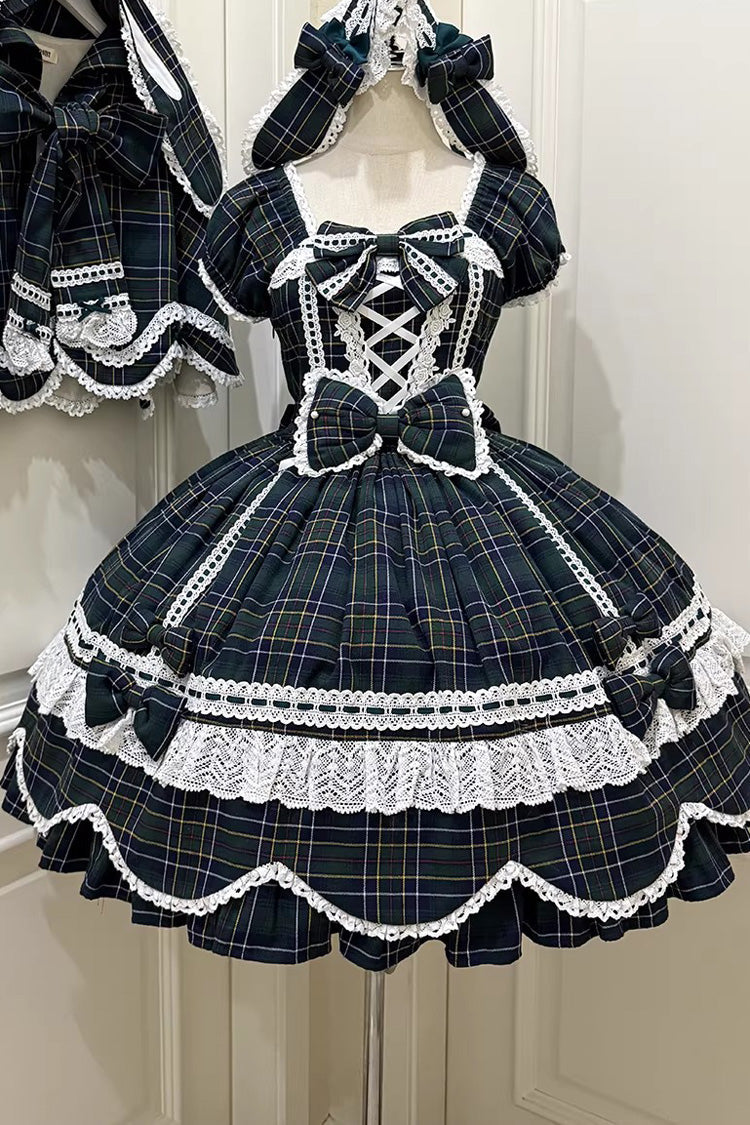 Green [Gingham Petal Bunny] Short Sleeves Printed Ruffled Bow Sweet Lolita OP Dress - Product - 14