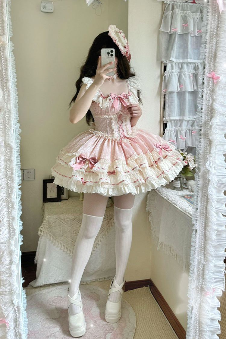 Pink [Flory Butterfly] Double-Layered Ruffle Bowknot Lace Lace-Up Sweet Ballet Lolita Jsk Dress - Product - 11