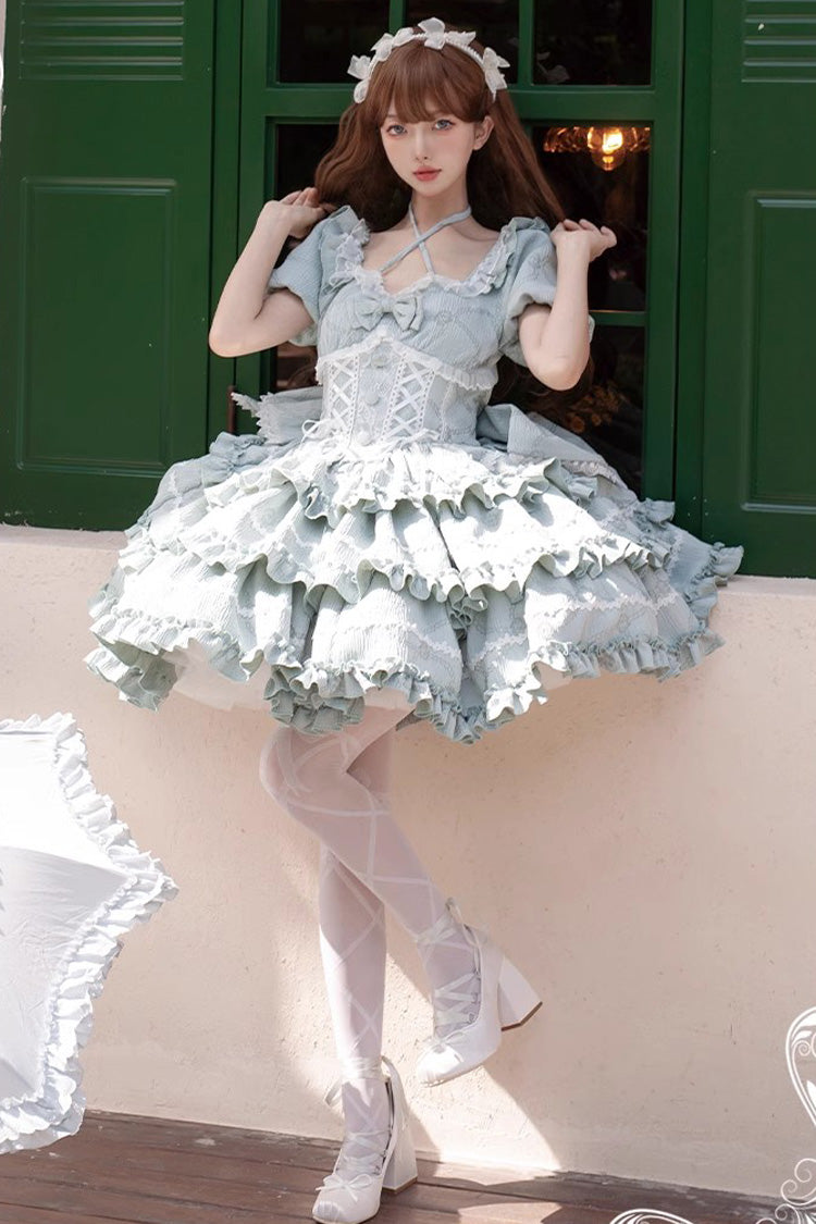 Mint Square Collar Short Sleeves Triple-Layered Ruffle Bowknot Sweet Lolita Dress - Product - 2