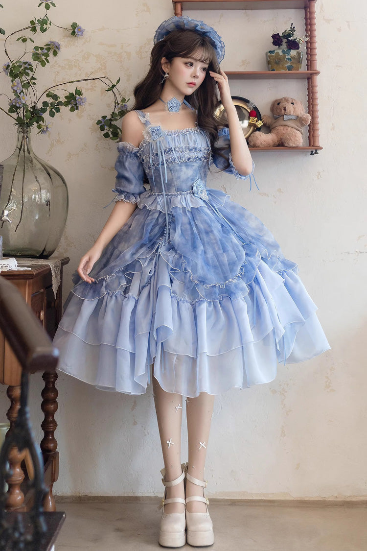 [Goodnight Camellia] Sleeveless Ombre Multi-Layered Printed Ruffled Lace Fishbone Sweet Lolita Jsk Dress 3 Colors - Product - 5