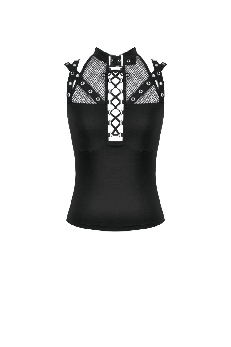 Black Women's Punk Halter Cut-Out Lace-Up Eyelet Strap Mesh Splice Tank Top - Product - 3