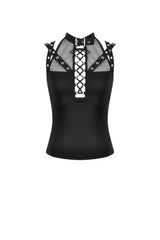 Black Women's Punk Halter Cut-Out Lace-Up Eyelet Strap Mesh Splice Tank Top - Product - 3