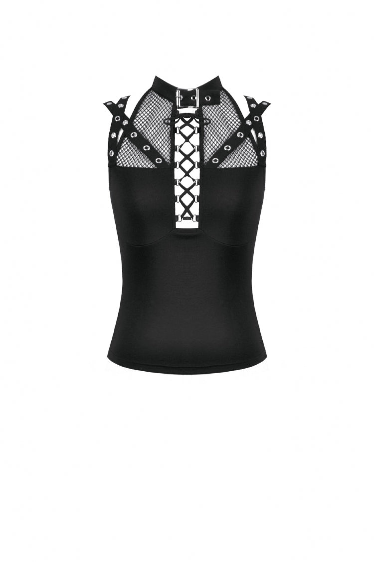 Black Women's Punk Halter Cut-Out Lace-Up Eyelet Strap Mesh Splice Tank Top - Product - 3