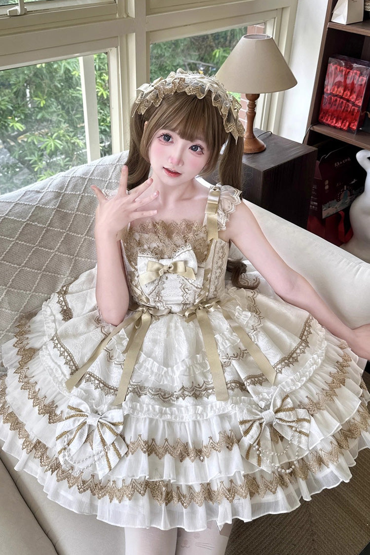 White [Gilded Memories] Sleeveless Double-Layered Ruffle Hot Stamping Bowknot Lace Sweet Lolita Jsk Dress - Product - 4